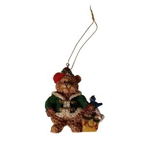 Vintage Resin‎ Teddy Bear In a Sweater & Blue Bird Christmas Holiday Ornament 3"